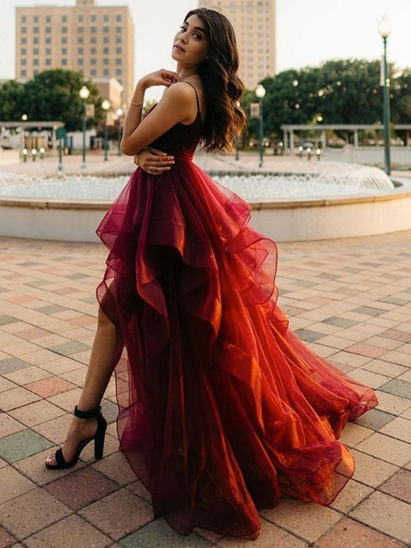 Charming Deep V Neckline Layered Tulle Red Prom Dresses Ball Gowns –  Okdresses