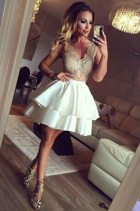 Pretty Pretty Lace Top Sleeveless Homecoming Dress Tiered Stain Short Prom Dresses - Prom Dresses