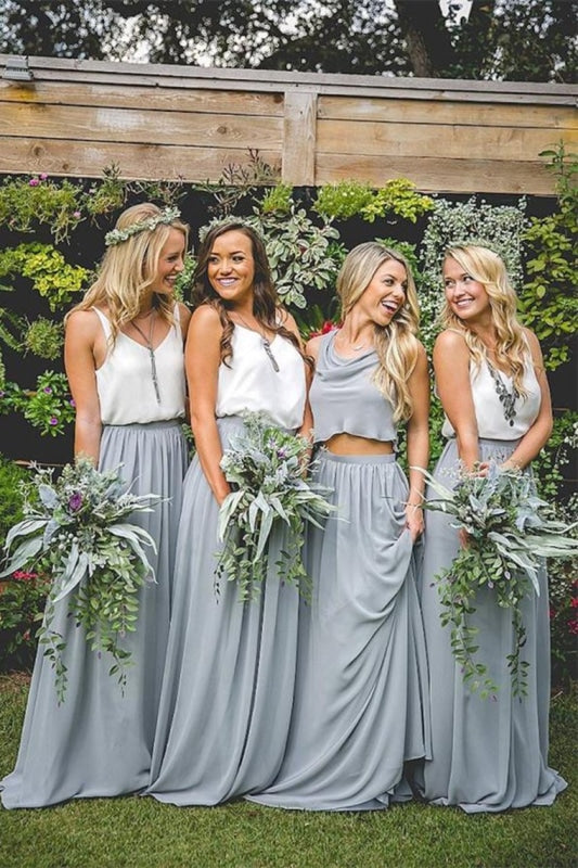 Pretty Lovely White And Gray Long A-Line 2 Pieces Simple Bridesmaid Dresses - Bridesmaid Dresses