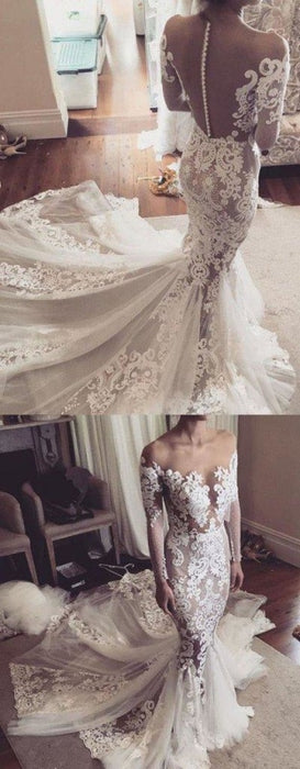 Pretty Mermaid Lace Appliques Long Sleeves Sheer Tulle Wedding Dress - Wedding Dresses
