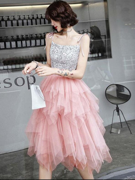 Pretty Sequins Pink Tulle Short Prom Dresses, Layered Pink Tulle Homec Bridelily Pretty Sequins Pink Tulle Short Prom Dresses, Layered Pink Tulle Homec Bridelily