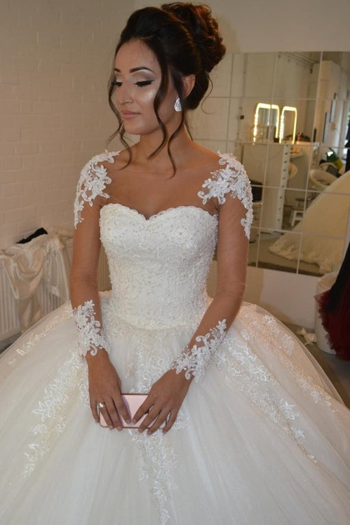 Pretty Sheer Long Sleeves Ivory Lace Appliques Wedding Dress - Wedding Dresses