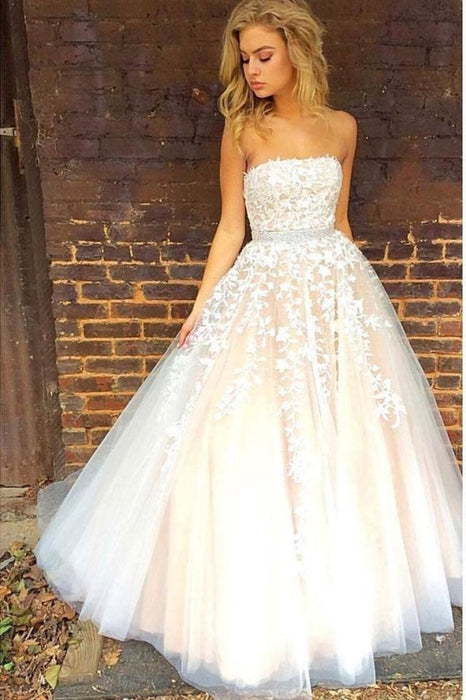 Princess A-line Strapless Tulle Long with Lace Appliques Wedding Dress - Wedding Dresses