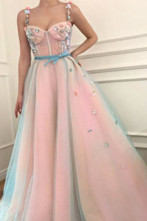 Princess Applique A-Line Spaghetti Straps Tulle Charming Prom Dress with Belt - Prom Dresses