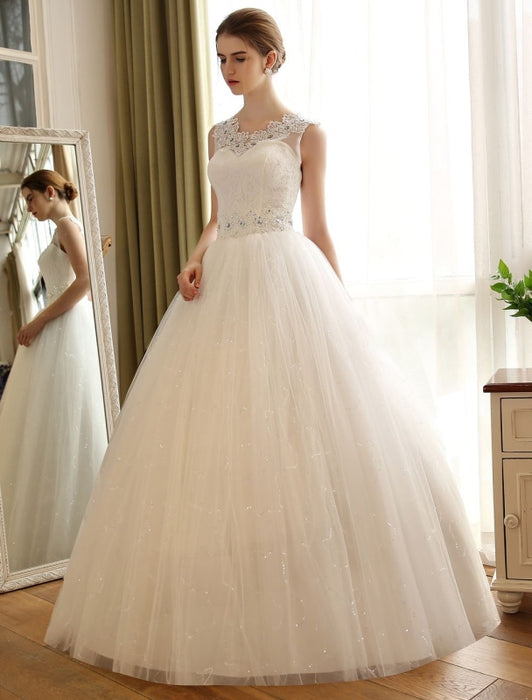 Princess Ball Gown Wedding Dresses Lace Applique Backless Beaded Sash Sequin Floor Length Ivory Bridal Dress