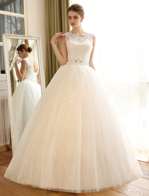 Princess Ball Gown Wedding Dresses Lace Applique Backless Beaded Sash Sequin Floor Length Ivory Bridal Dress