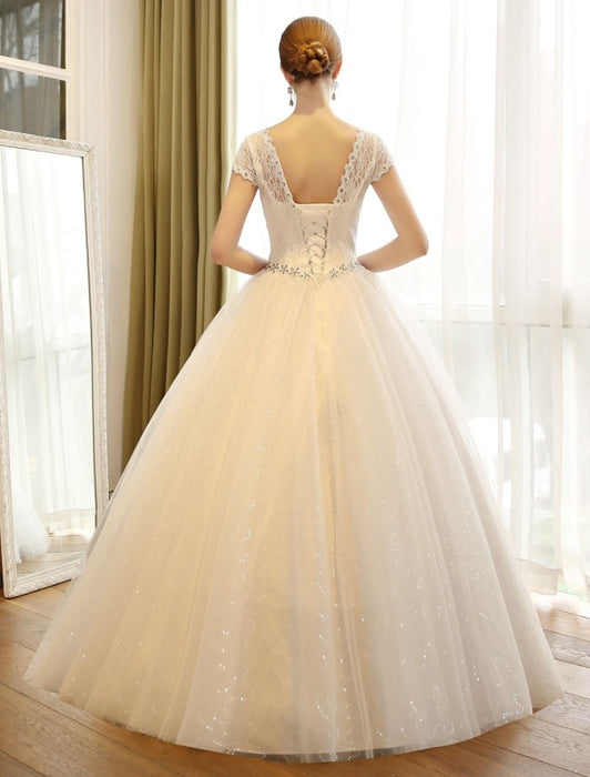 Princess Ball Gown Wedding Dresses Lace Sequin Bridal Dress Ivory Beading Sash Backless Wedding Gowns
