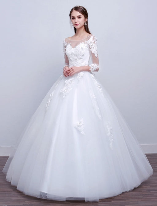 Princess Ball Gown Wedding Dresses Long Sleeve Lace Illusion Ivory Floor Length Bridal Dress