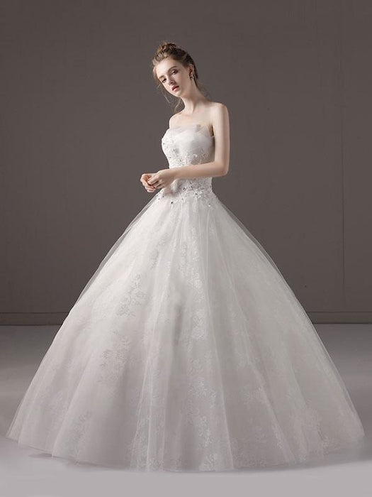 Princess Ball Gown Wedding Dresses Strapless Lace Applique Beaded Ivory Maxi Bridal Dress
