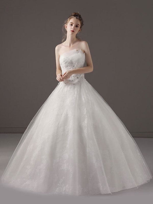 Princess Ball Gown Wedding Dresses Strapless Lace Applique Beaded Ivory Maxi Bridal Dress