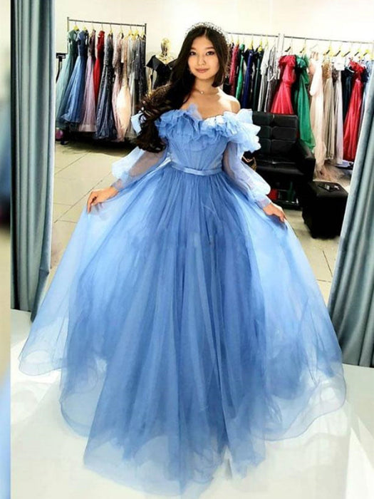 princess off the shoulder prom dress Off Shoulder Blue Princess Style Satin Prom Dress With Crystal