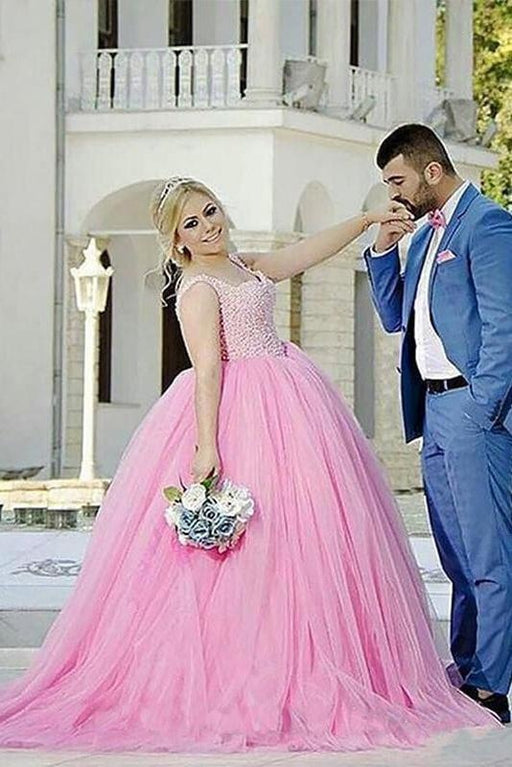 Princess Pink Ball Gown Sweetheart Beading Tulle Plus Size Sweep Train Prom Dresses - Prom Dresses