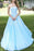 Princess Sky Blue Strapless A-line Tulle Floor-length Prom Dress with White Appliques - Prom Dresses