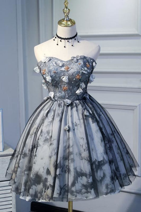 Princess Strapless Short Homecoming with Flowers Appliques Puffy Cocktail Dress - Prom Dresses