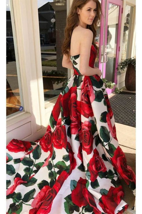 Princess Strapless Sleeveless Floral Long Prom Sweep Train Ruched Graduation Dress - Prom Dresses