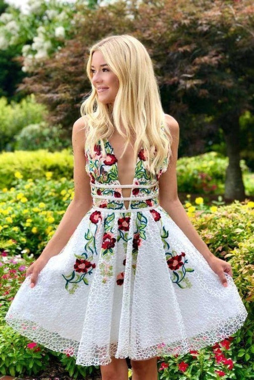 Princess V Neck Floral Embroidery Dress with Pocket Long Lace Prom Dresses - Knee Length - Prom Dresses