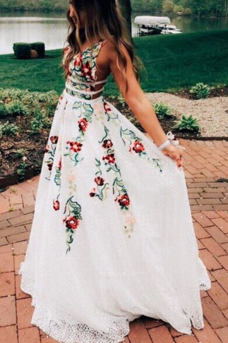 Princess V Neck Floral Embroidery Dress with Pocket Long Lace Prom Dresses - Prom Dresses