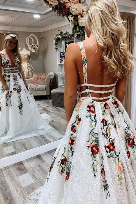 Princess V Neck Floral Embroidery Dress with Pocket Long Lace Prom Dresses - Prom Dresses