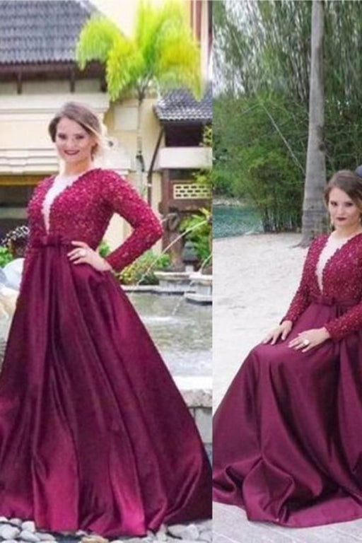 Princess V-neck Long Sleeves Beading Sweep Train Satin Plus Size Dresses - Prom Dresses