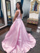 Princess V Neck Open Back Pink Long Prom Dresses, V Neck Pink Formal Dresses, Pink Evening Dresses 