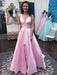 Princess V Neck Open Back Pink Long Prom Dresses, V Neck Pink Formal Dresses, Pink Evening Dresses 