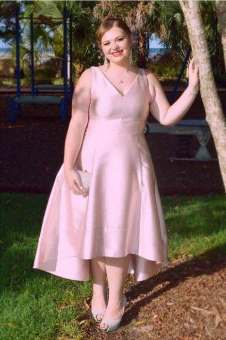 Princess V-neck Sleeveless Ruched Asymmetrical Satin Plus Size Dresses High Low Dress - Prom Dresses