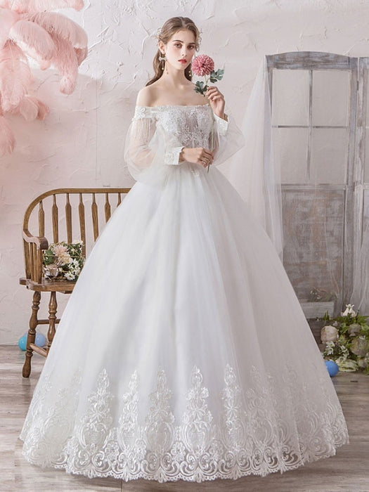 Princess Wedding Dress 2021 Ball Gown Silhouette Off The Shoulder Long Sleeves Natural Waist Floor-Length Bridal Gowns