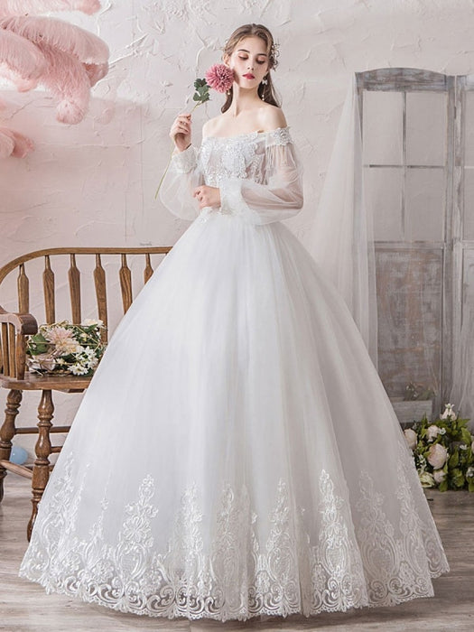 White/Ivory Off the Shoulder Puffy Tulle Lace Ball Gown Princess Bridal Gown  – Ballbella