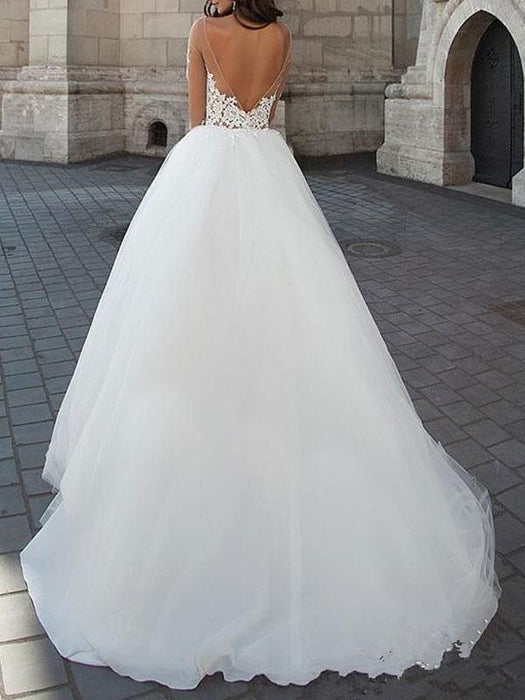 Princess Wedding Dress 2021 Ball Gown Sweetheart Neck Long Sleeves backless Lace Tulle Bridal Dresses With Court Train