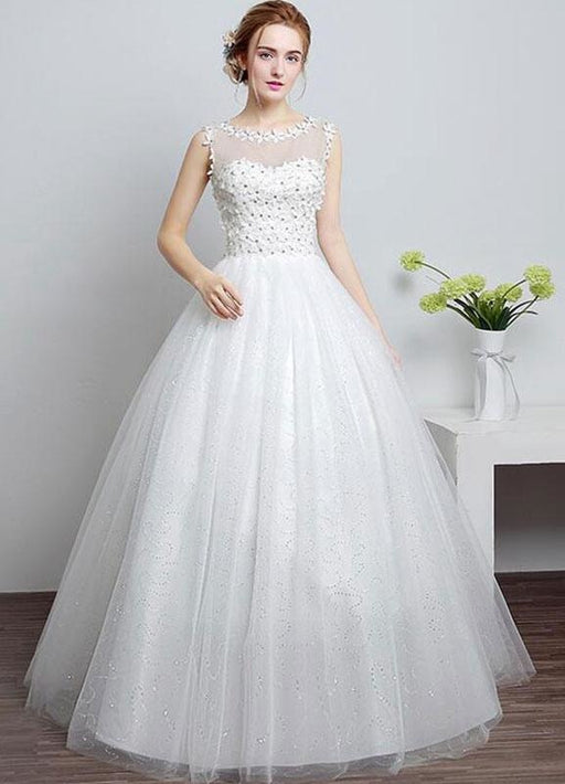 Princess Wedding Dress Ivory Sweetheart Illusion Neckline Cut Out Floor Length Bridal Dress With Rhinestone Flowers