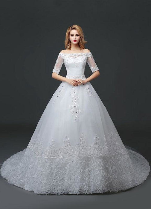 Princess Wedding Dress Off The Shoulder Lace Beading Bridal Gown White Half Sleeve Ball Gown Bridal Dress With Cathedral Train