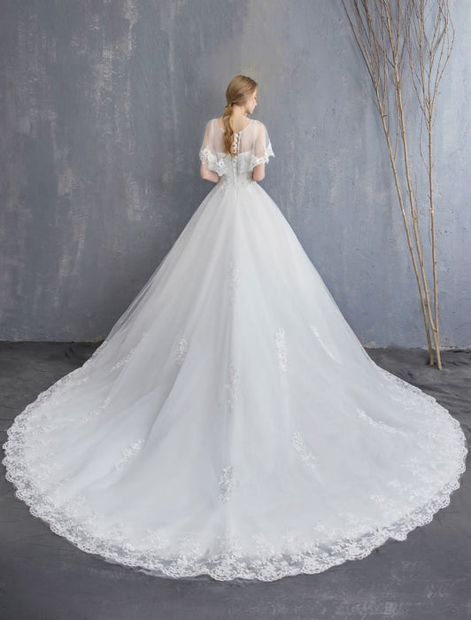 Princess Wedding Dresses Ball Gown Lace Beaded Tulle Long Train Bridal Dress