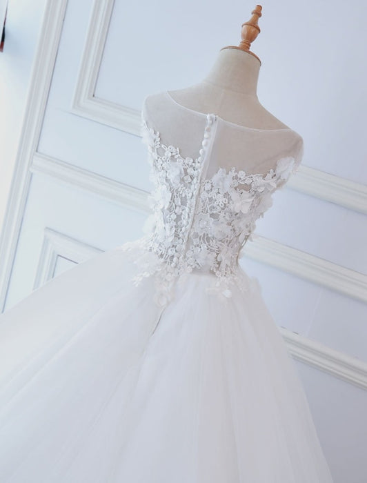 Princess Wedding Dresses Ball Gowns Lace Flowers Applique Sleeveless Bridal  Gowns With Train