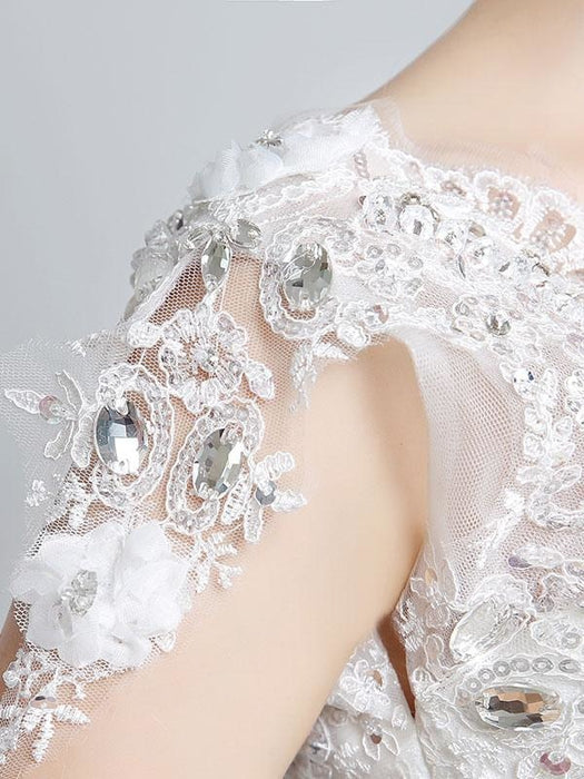 Princess Wedding Dresses Ivory Backless Bridal Dress Lace Applique V Neck Long Train Wedding Gown