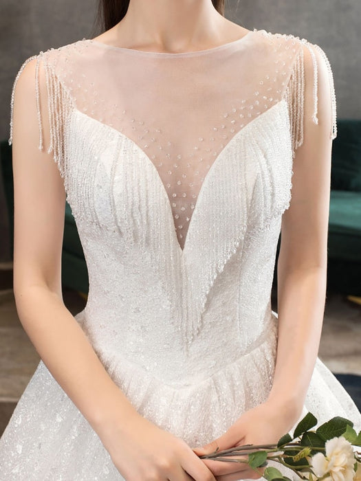 Princess Wedding Dresses Ivory Illusion Neck Beaded Sleeveless Floor Length Bridal Gown