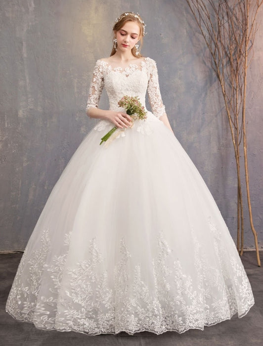 Princess Wedding Dresses Lace Illusion Neckline Half Sleeve Floor Length Bridal Gown