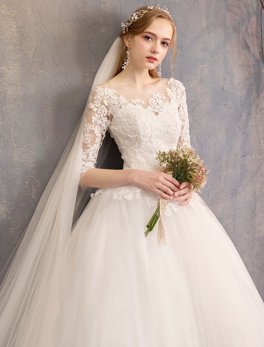Princess Wedding Dresses Lace Illusion Neckline Half Sleeve Floor Length Bridal Gown