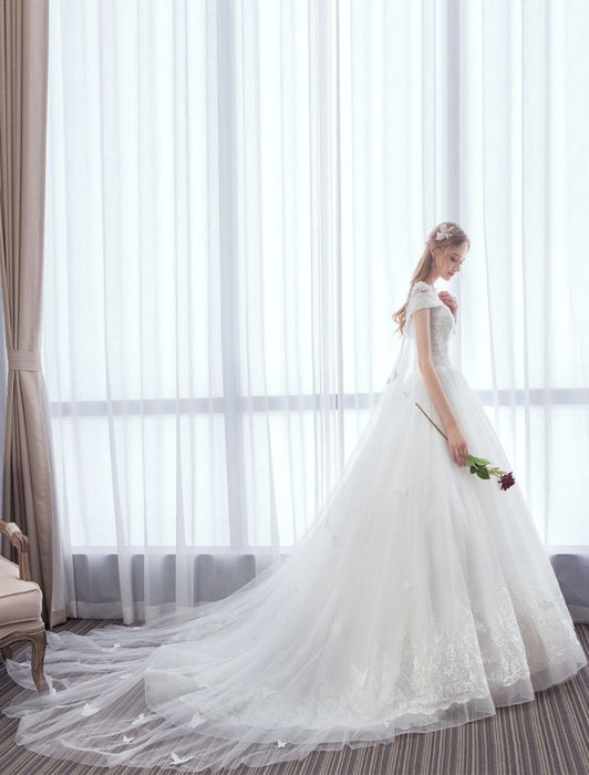 Princess Wedding Dresses Lace Watteau Train Applique Beaded Ivory Bridal Gowns