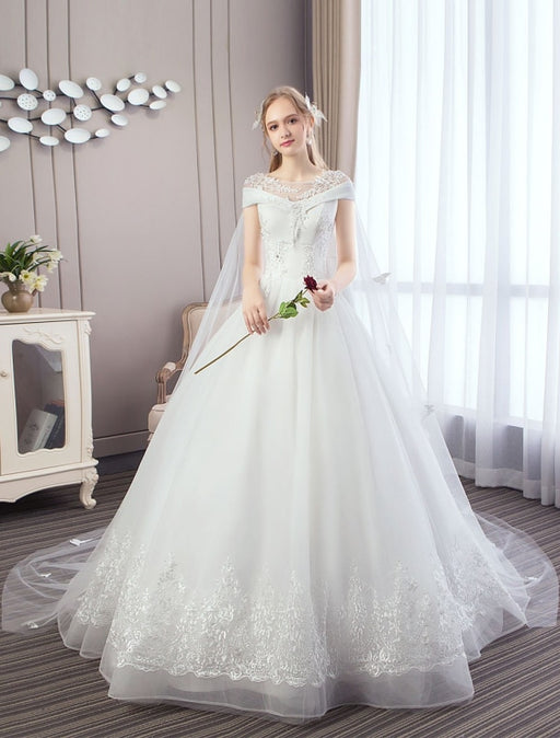 Princess Wedding Dresses Lace Watteau Train Applique Beaded Ivory Bridal Gowns
