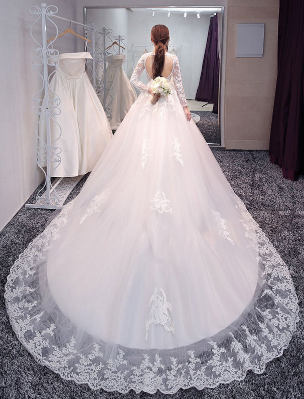 Princess Wedding Dresses Long Sleeve Bridal Dresses Lace Backless Illu ...