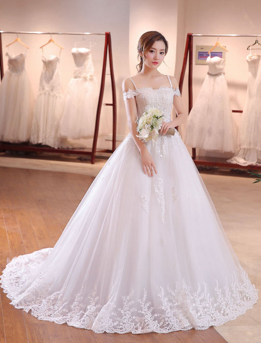 Straps Lace Applique Beading Princess Wedding Dresses-Bridelily Straps Lace Applique Beading Princess Wedding Dresses-Bridelily