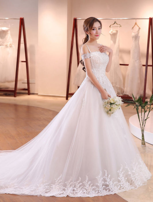 princess wedding dress with long train Modern V neck See through Long A luxurious princess ball gown with puffy shoulders and long sleeves Long Train Wedding Dresses &