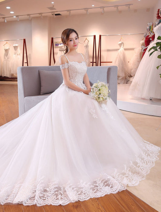 Straps Lace Applique Beading Princess Wedding Dresses-Bridelily Straps Lace Applique Beading Princess Wedding Dresses-Bridelily