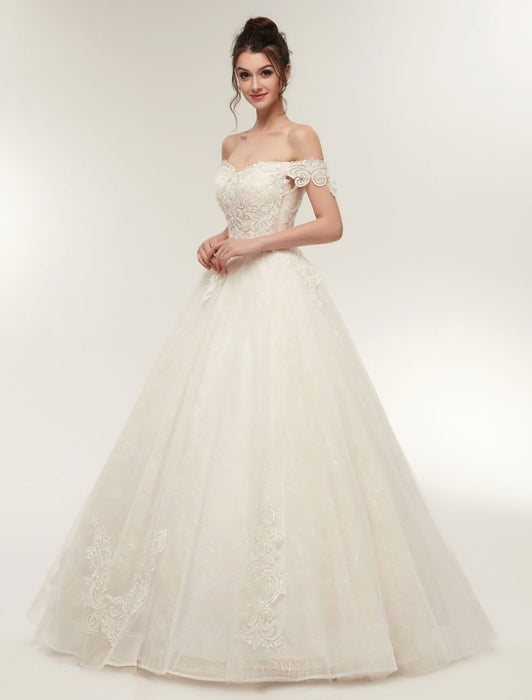 Princess Wedding Dresses Off The Shoulder Ivory Bridal Dresses Lace Applique Tulle Floor Length Ball Gowns