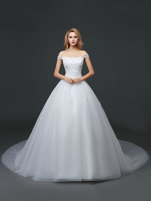 Princess Wedding Dresses Off The Shoulder Lace 3D Flowers Applique Tulle Ivory Long Train Bridal Gown