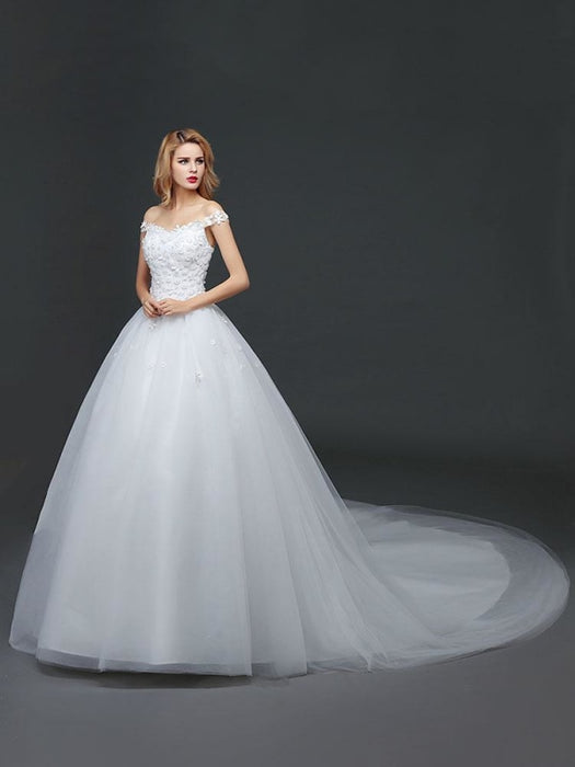 Princess Wedding Dresses Off The Shoulder Lace 3D Flowers Applique Tulle Ivory Long Train Bridal Gown