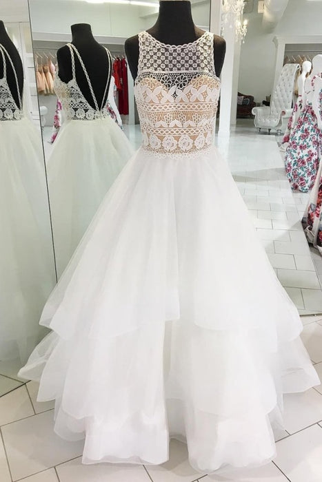 Princess White Sleeveless Scoop Tulle Long Prom With Lace Formal Dress - Prom Dresses