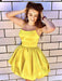 Princess Yellow Satin Short Prom Dresses, Yellow Homecoming Dresses, Short Formal Graduation Evening Dresses 