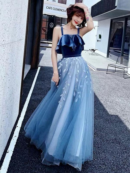 Prom Dress 2021 Tulle A Line Straps Ankle Length Leaf Lace Formal Homecoming Party Dresses