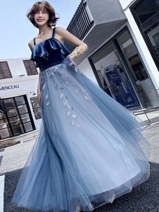 Prom Dress 2021 Tulle A Line Straps Ankle Length Leaf Lace Formal Homecoming Party Dresses
